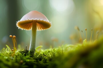 the small mushroom on a green tree in the middle of moss