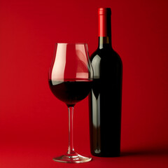 Bottle and glass of red wine on a red background ai technology