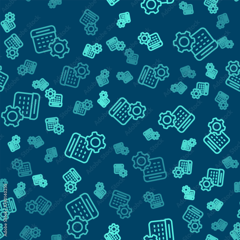 Poster green line calendar settings icon isolated seamless pattern on blue background. date settings. vecto