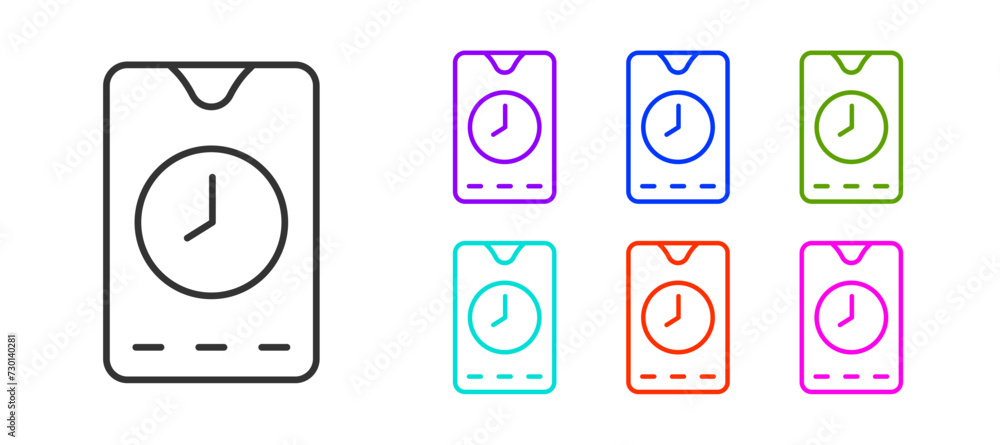 Poster black line alarm clock app smartphone interface icon isolated on white background. set icons colorfu