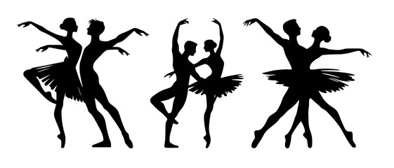 Elegant Ballet Dancers Silhouettes Performing in Various Poses Dancing Couple black filled vector Illustration © iamabduss