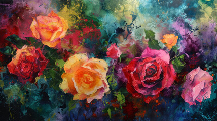 Obraz na płótnie Canvas Painted color red roses. Mixed digital painting. Concept floral art.
