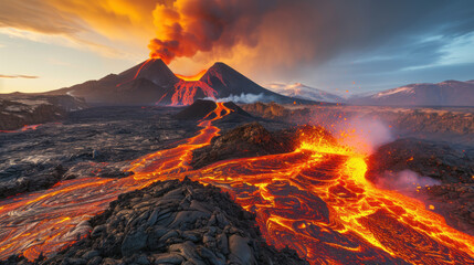 Planet Earth formation process, volcanic activity, hot lifeless land - obrazy, fototapety, plakaty