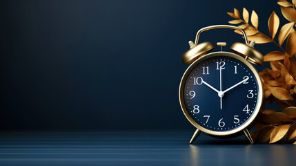 A great alarm clock in golden color. Minimalist design, background with a space for copying. Generative AI