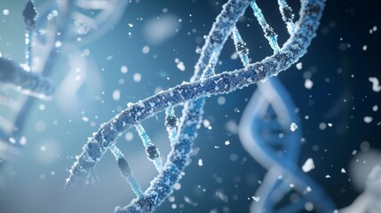 medical research, dna filaments over blue and cloudy background - obrazy, fototapety, plakaty