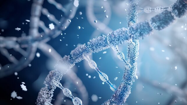 medical research, dna filaments over blue and cloudy background