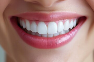 Close-up of a bright white teeth of. a woman, healthy smile, dental care and hygiene, a confident expression 