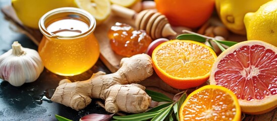 Food that increases immunity, consisting of honey, garlic, ginger, citrus, and superfoods. - obrazy, fototapety, plakaty