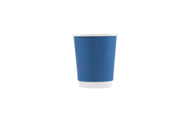 Empty paper cup for coffee made from biodegradable blue paper isolated on a white background with clipping path. Isolated object, template for advertising.