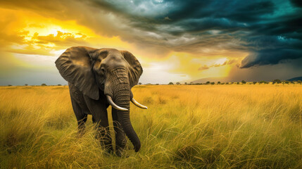 Big elephant in savannah, stormy dramatic sky, sunset light - obrazy, fototapety, plakaty