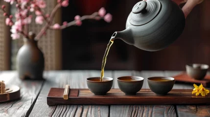  A tea master pouring tea from a tall ceramic teapot into small cups during a Chinese tea ceremony © ArtCookStudio