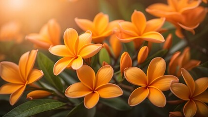 Vibrant Orange Plumeria Flowers Blooming in Warm Sunlight