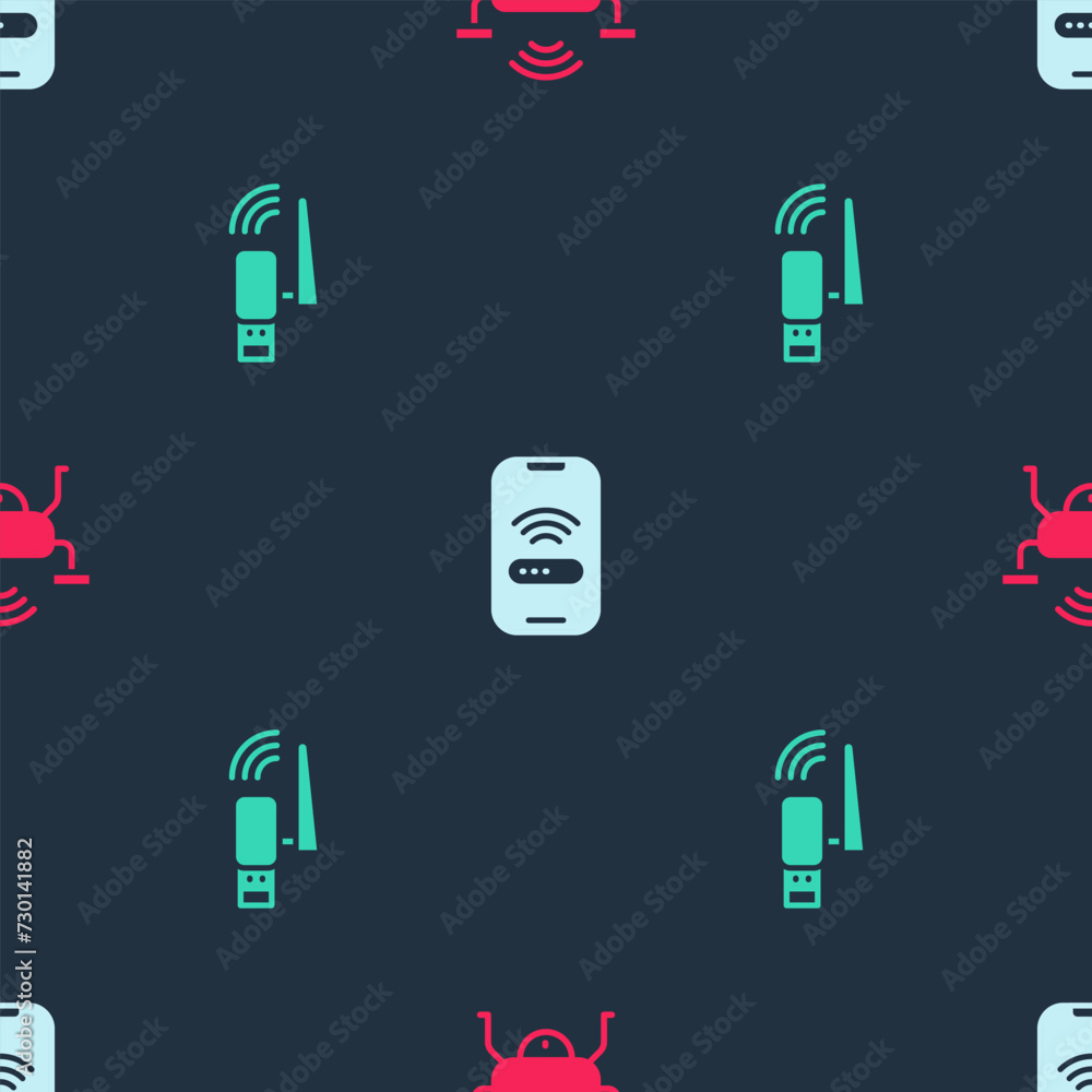 Poster set smart drone system, mobile with wi-fi wireless and usb adapter on seamless pattern. vector