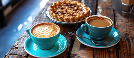 Turquoise cup with swan art, hot tea and coffee latte, and apple pecan pie on wooden table at cafe. - obrazy, fototapety, plakaty