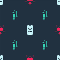 Set Smart drone system, Mobile with wi-fi wireless and Usb adapter on seamless pattern. Vector