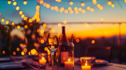 A stunning sunset backdrop for an outdoor birthday dinner with string lights - obrazy, fototapety, plakaty