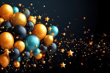 Blue and gold balloons with stars on a black background. Birthday card, holiday banner, poster