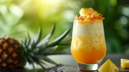 A tropical paradise in a glass with coconut milk jelly, adorned with fresh pineapple chunks