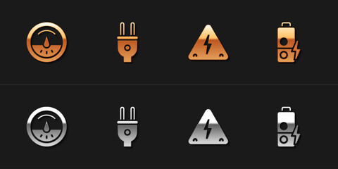 Set Electric meter, plug, High voltage and Battery charge icon. Vector