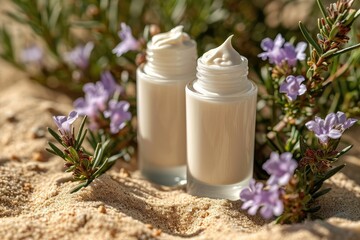 Obraz na płótnie Canvas Jars of cream in the sand against a background of flowers. Banner for foundation, cosmetics