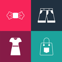 Set pop art Handbag, Woman dress, Short or pants and Bow tie icon. Vector
