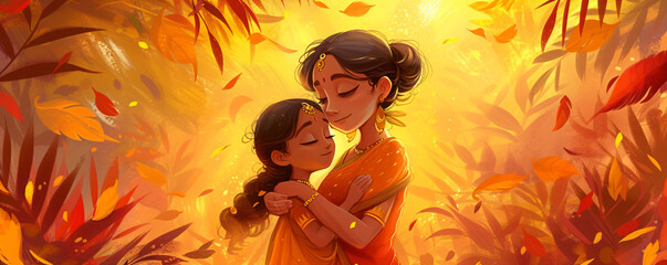 Loving Indian mother and daughter on orange background with flowers and leaves. Family in traditional clothing saree. Diwali festival. Ugadi or Gudi Padwa celebration. Religion and ethnic concept - obrazy, fototapety, plakaty