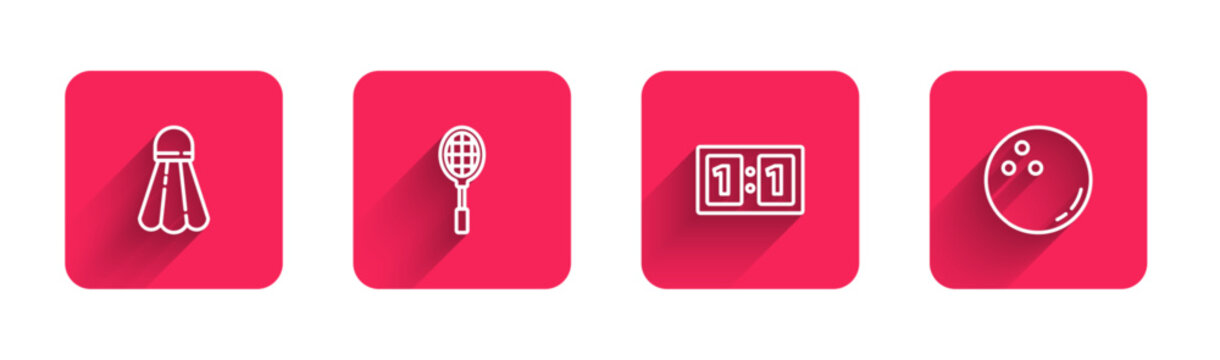 Set line Badminton shuttlecock, Tennis racket, Sport mechanical scoreboard and Bowling ball with long shadow. Red square button. Vector