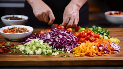 Close up of a chef's hands cutting vegetables in the kitchen