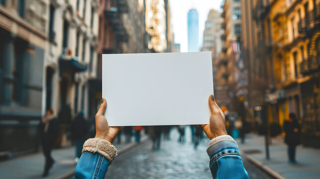 People person hands holding showing blank white empty paper board banner card billboard note board sign on street for text advertising message, protest concept