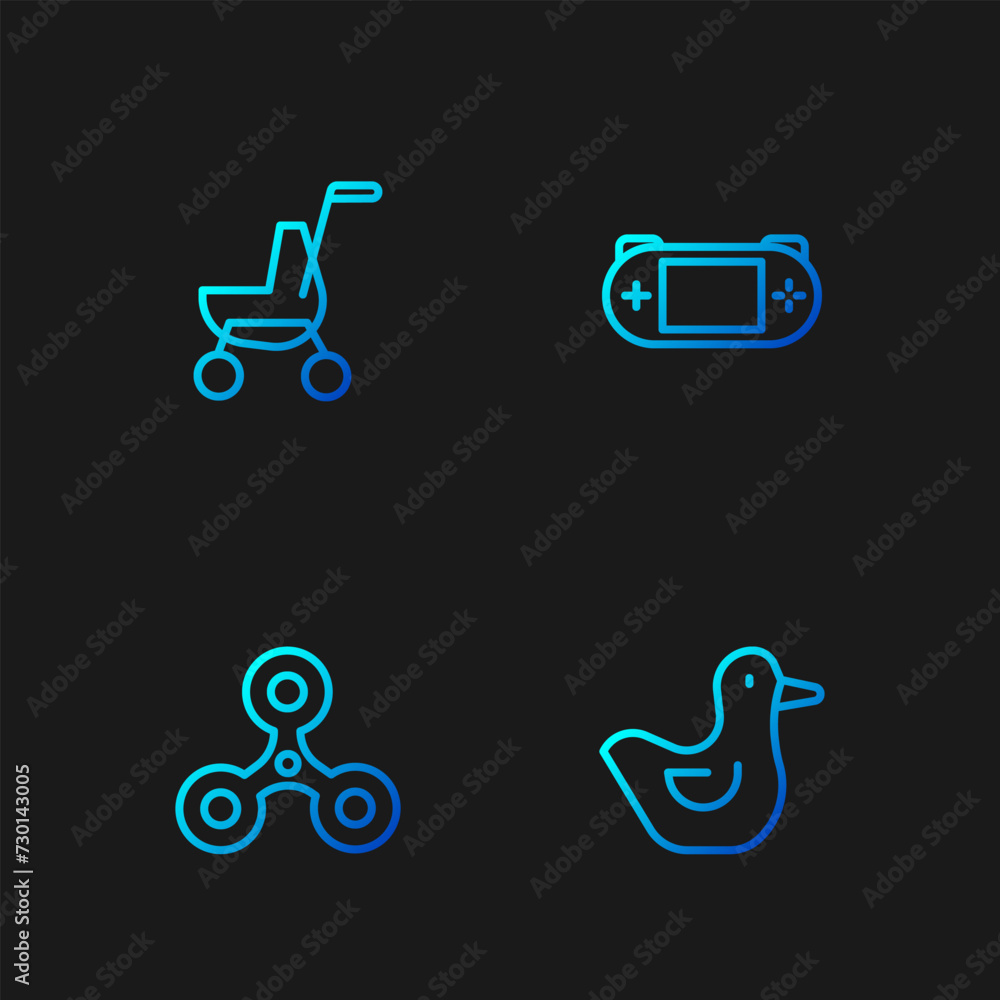 Poster set line rubber duck, fidget spinner, baby stroller and portable video game console. gradient color 