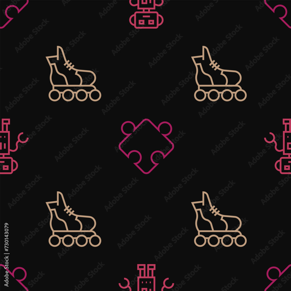 Poster set line robot toy, roller skate and puzzle pieces on seamless pattern. vector