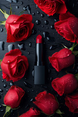 Beautiful red lipstick and red rose flowers with water drops on black background.