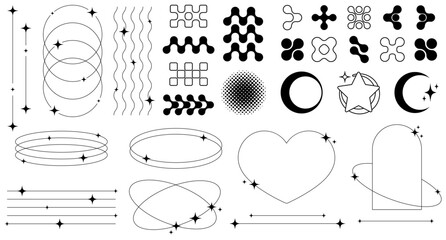Set of abstract retro futuristic elements and shapes and aesthetic line frames boho, brutalism, Y2K style.Geometric elements with sparkles for template social media, poster, banner, logo, stickers