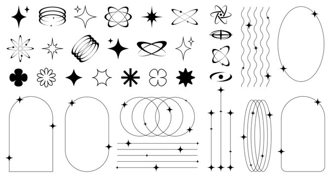 Set of abstract retro futuristic elements and shapes and aesthetic line frames boho, brutalism, Y2K style.Geometric elements with sparkles for template social media, poster, banner, logo, stickers