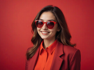 smiling woman in sunglasses red monochrome color portrait