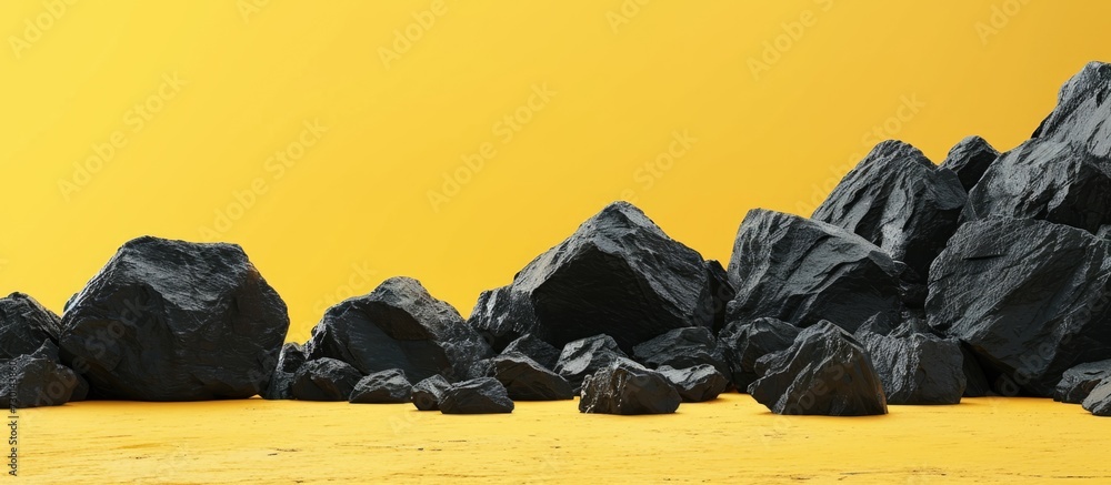 Poster 3d rendering of dark rocks on a yellow background for product displays, with empty space.