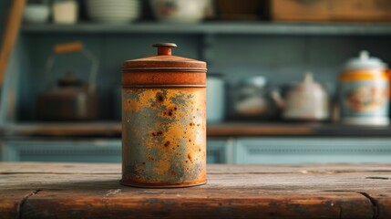 Naklejka premium A vintage tea tin, well-worn and full of character, sitting on a kitchen shelf
