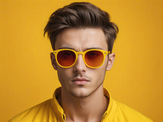 seriuos face man in sunglasses yellow monochrome color portrait