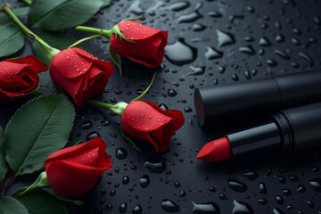 Beautiful red lipstick and red rose flowers with water drops on black background.