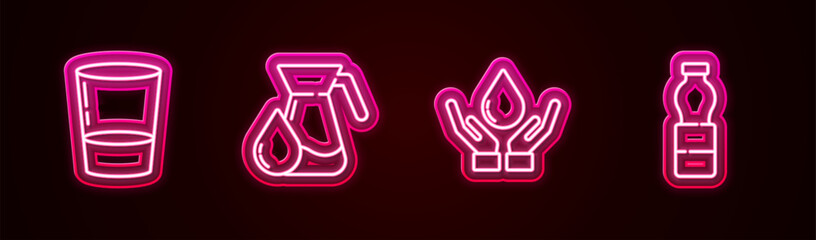 Set line Glass with water, Jug glass, Washing hands soap and Bottle of. Glowing neon icon. Vector
