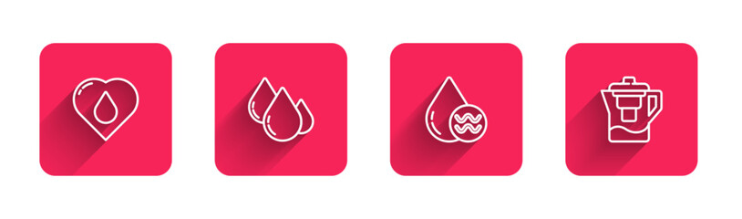 Set line Heart with water drop, Water, Recycle clean aqua and jug filter with long shadow. Red square button. Vector