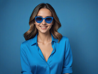 happy woman in sunglasses blue monochrome color portrait