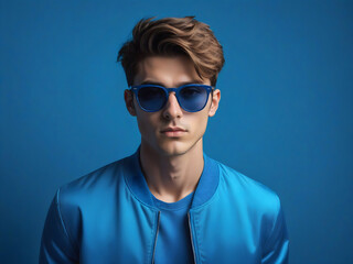 serious  face man in sunglasses blue monochrome color portrait