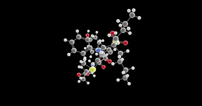 Odevixibat molecule, rotating 3D model of bylvay, looped video on a black background