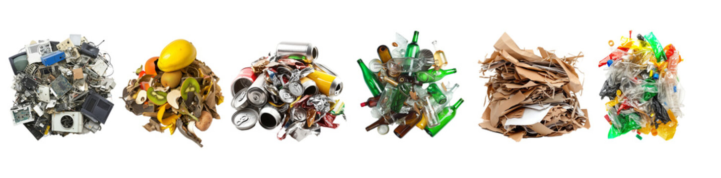 Sort the waste for recycling. Plastic, glass, paper, electronics, food organic wastes isolated on transparent background