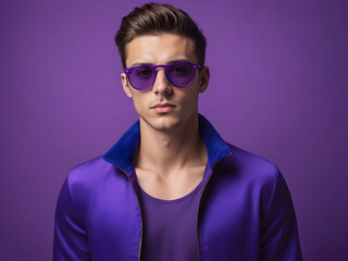 serious face man in sunglasses purple monochrome color portrait