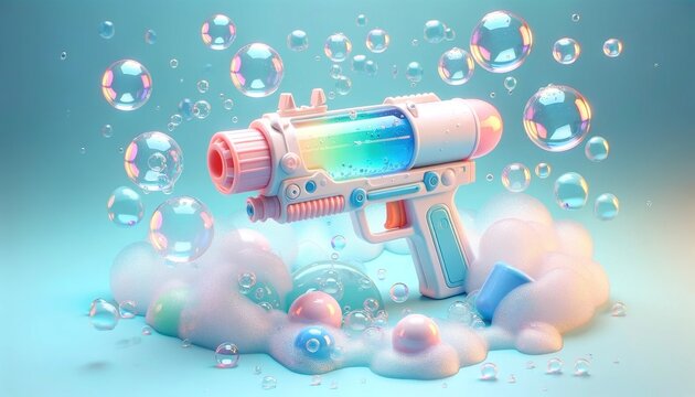 Pastel water gun on blue background Surrounded by water droplets and bubbles