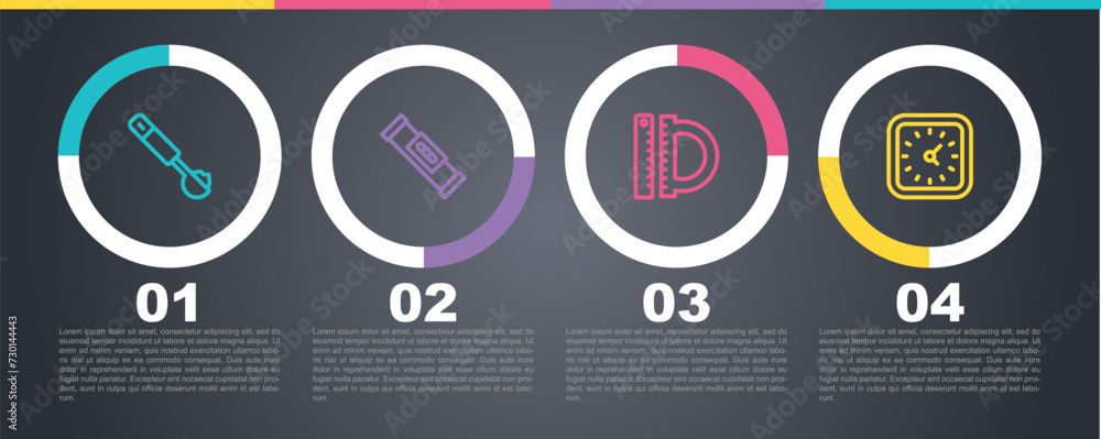 Poster set line measuring spoon, construction bubble level, protractor and ruler and clock. business infogr