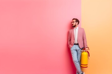 A man in a stylish pink jacket and glasses leans on the wall holding a yellow fire extinguisher, on a two-color background.
Concept: safety and fire prevention, promotions promoting responsibility wit - obrazy, fototapety, plakaty