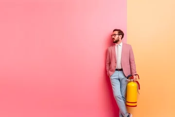 Foto op Plexiglas A man in a stylish pink jacket and glasses leans on the wall holding a yellow fire extinguisher, on a two-color background. Concept: safety and fire prevention, promotions promoting responsibility wit © Marynkka_muis